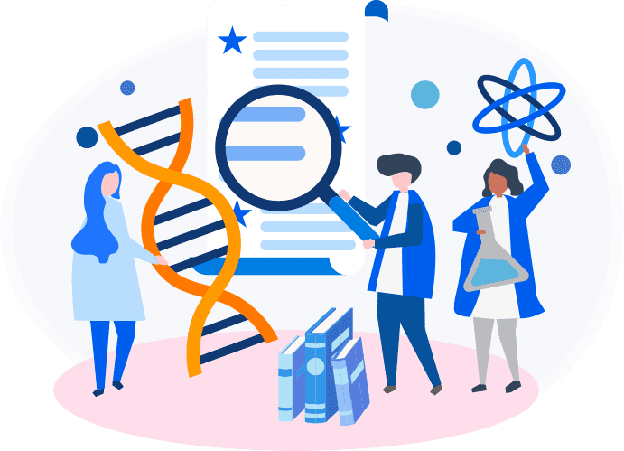 Clip art showing researchers and writers working on biology homework